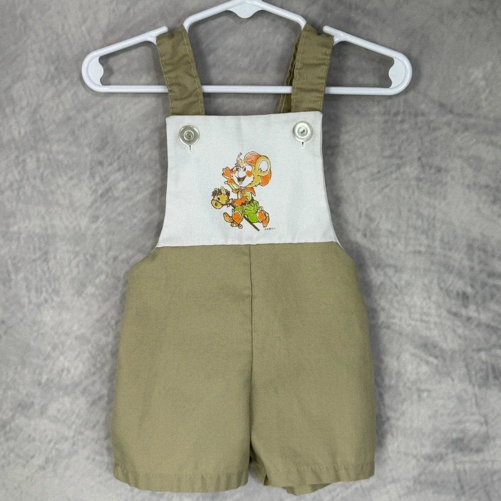 Vtg 70s Mouse Hobby Horse Shortall Overalls infant Sz 6-9 months Romper sunsuit‎